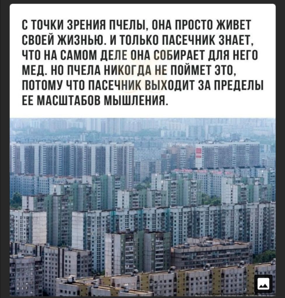 О ТОЧКИ ЗРЕНИЯ ПЧЕЛЫ ОНА ПРОСТО ЖИВЕТ ОВОЕИ ЖИЗНЬЮ И ТОЛЬКО ПАОЕЧНИК ЗНАЕТ ЧТО НА ОАМОМ дЕЛЕ ОНА ООБИРАЕТ дЛЯ НЕГО МЕД НО ПЧЕЛА НИКОГДА НЕ ПОИМЕТ ЭТО ПОТОМУ ЧТО ПАСЕЧНИК ВЫХОДИТ ЗА ПРЕДЕЛЫ ЕЕ МАОШТАБОВ МЫШЛЕНИЯ