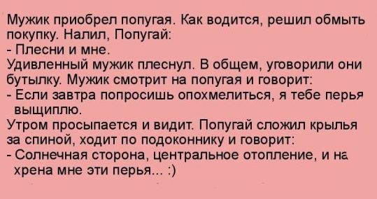 Мужик приобрел попугаи Как водится решил обмыть покупку Налил Попушй Ппесни и мне Удивленный мужик ппеснуп В сбщэм уговорили они бутылку Мужик смотрит на попугая и творит Если завтра попросишь опохмелиться я тебе перья выщиплю Утром просыпается и видит Попугай сложил крылья за спиной ходит по подоконнику и творит Солнечная сторона центральное отопление и на хрена мне эти перья