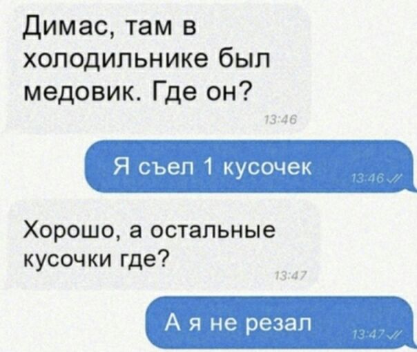 димас там в холодильнике был медовик Где он Я съел 1 кусочек Хорошо а остальные кусочки где А я не резал