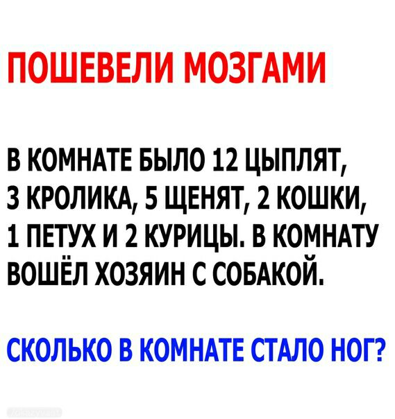 ПОШЕВЕЛИ МОЗГАМИ в комндтв БЫЛО 12 цыплят з кроликд 5 щенят 2 кошки 1пвтух и 2 курицы в комндту вошёл хозяин с СОБАКОЙ СКОЛЬКО В КОМНАТЕ СТАЛО НОГ