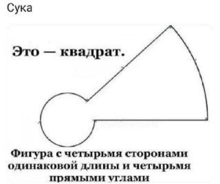 Сука
Это — квадрат.
Фигура с четырьмя сторонами одинаковой длины и четырьмя прямыми углами.
