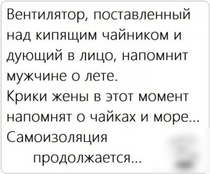 Вентилятор поставленный над кипящим чайником и дующий в лицо напомнит мужчине о лете Крики жены в этот момент напомнят о чайках и море Самоизоляция продолжается
