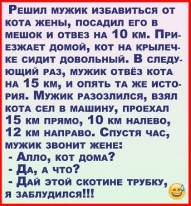 РЕШИЛ МУЖИК ИЗБАВИТЬСЯ ОТ КОТА ЖЕНЫ ПОСШИЛ ЕГО В мешок и отвез нА 10 км При взждвт домой кот нА крылеч КЕ сидит довольный В следу ЮЩИЙ РАЗ МУЖИК ОТВЁЗ КОТА нА 15 км и опять ТА же исто РИЯ МУЖИК РАЗОЗПИПСП ВЗЯЛ КОТА сел мдшииу проект 15 км прямо 10 км имено 12 км идпгдво Спустя чАс мужик звонит жене Аппо кот дамп дд А что дий этой скотина трувку я здвпудипсяш