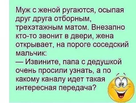 Муж с женой ругаются осыпая друг друга отборным трехэтажным матом Внезапно ктото звонит в двери жена открывает на пороге соседский мальчик Извините папа с дедушкой очень просили узнать а по КЭКОМУ КЗНЗПУ ИДЕТ такая интересная передача