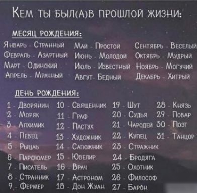 КЕМ ты вытюв прошлой ЖИЗНИ месяц вещания ЯЮАРЬ Ст мм Свиивпь Впиши ФамАми Ишьюш мять Муджи Мт ОШЖЖЮ Иопь Нить Мотма АтиъгМтшй Авпп Бшиьп дикими ДЕИЬ РОЖДЕИИЯ 1 дшяиии шеви иии 1 Шут 7411 Кип Мшц и 10 Суды 2 тт п ЪЧАРшнбо шт Лёв итд Клеи ит нашим и от плащи и Бэопящ 7 Пиши ь 18 Охотник Стим 17 Апютм 26 Финист Фггмгв 18 доиЖш 27 Б