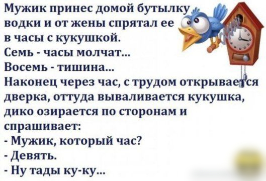 Мужик принес домой бутылку водки и от жены спрятал ее в часы с кукушкой Семь часы молчат Восемь тишина Наконец через час с трудом открываеося дверка оттуда вываливается кукушка дико озирается по странам и спрашивает Мужик который час девять Ну тады ку ку