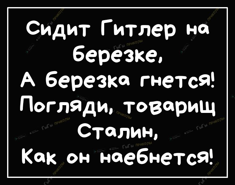 Сидит Гитлер не березке А березки гнется Погладщ товарищ Сталин Как он наебнется
