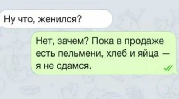 Ну что женился Нет зачем Пока в продаже есть пельмени хлеб и яйца я не сдамся