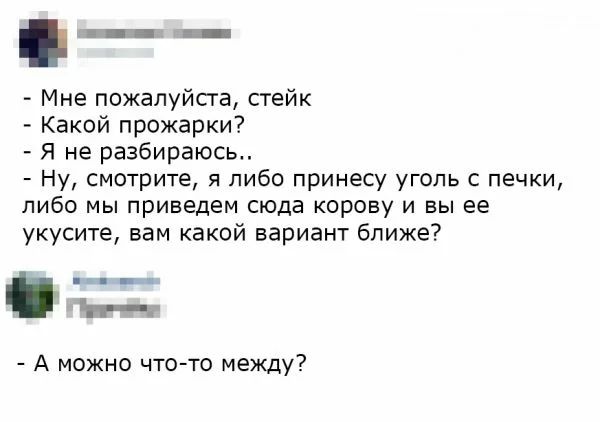 Мне пожалуйсга стейк Какой прожарки Я не разбираюсь Ну смотрите 91 либо принесу уголь с печки либо мы приведем сюда корову и вы ее укусите вам какой вариант ближе _ А можно что то между