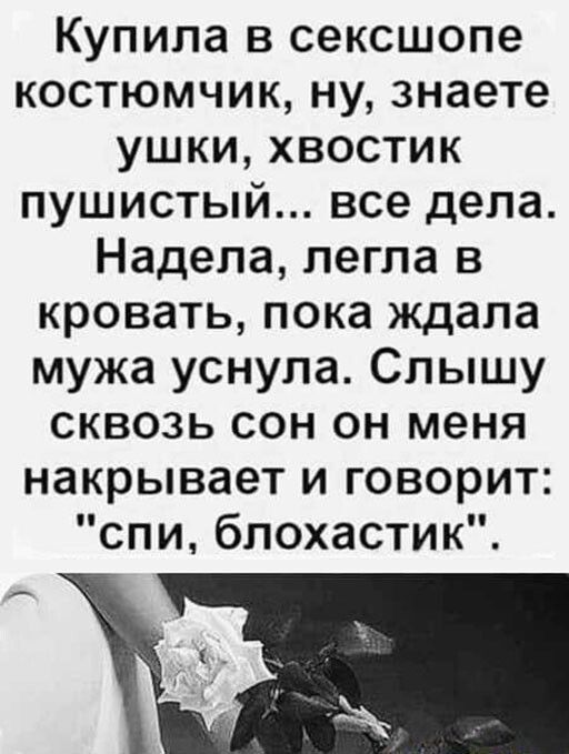 Купила в сексшопе костюмчик ну знаете ушки хвостик пушистый все дела Надела легла в кровать пока ждала мужа уснула Слышу сквозь сон он меня накрывает и говорит спи бпохастик
