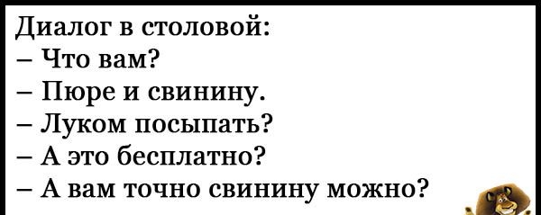 Диалог в столовой Что вам Пюре и свинину Луком посыпать А это бесплатно А вам точно свинину можно в