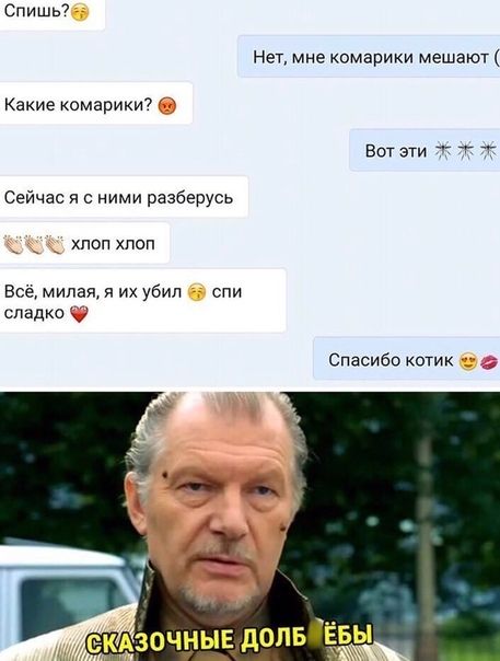 Спишь7 Нет мне комарики мешают Какие омарики7 ВОТ ЭТИ Сейчас я с ними разберусь хлоп хлоп Все милая их убил спи сладко Спасибо котик екдзочныц долвіЁьы
