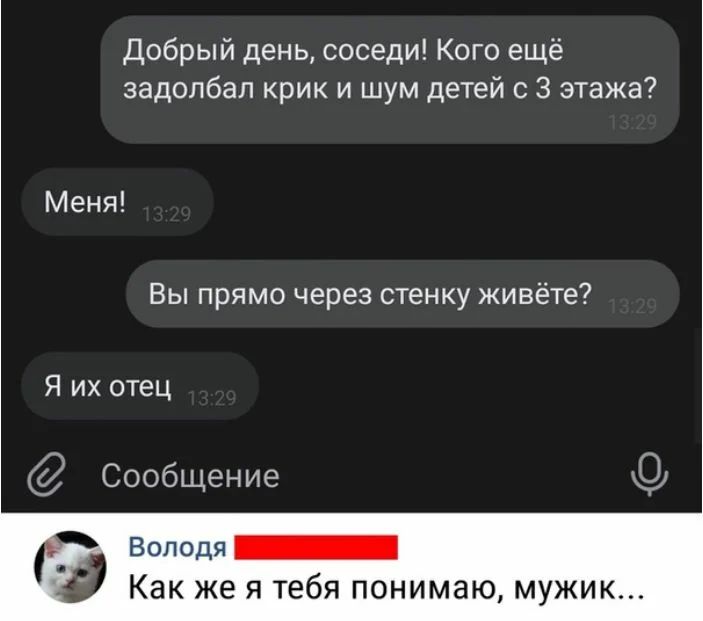 Добрый день соседи Кого ещё задолбал крик и шум детей с 3 этажа Меня Вы прямо через стенку живёте Я их отец Сообщение Т Володя 19 Как же я тебя понимаю мужик