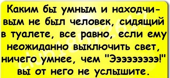 Каким бы умным и находчи вым не был человек сидящий в туалете все равно если ему неожиданно выключить свет ничего умнее чем Эээзэээээ вы от него не услышите