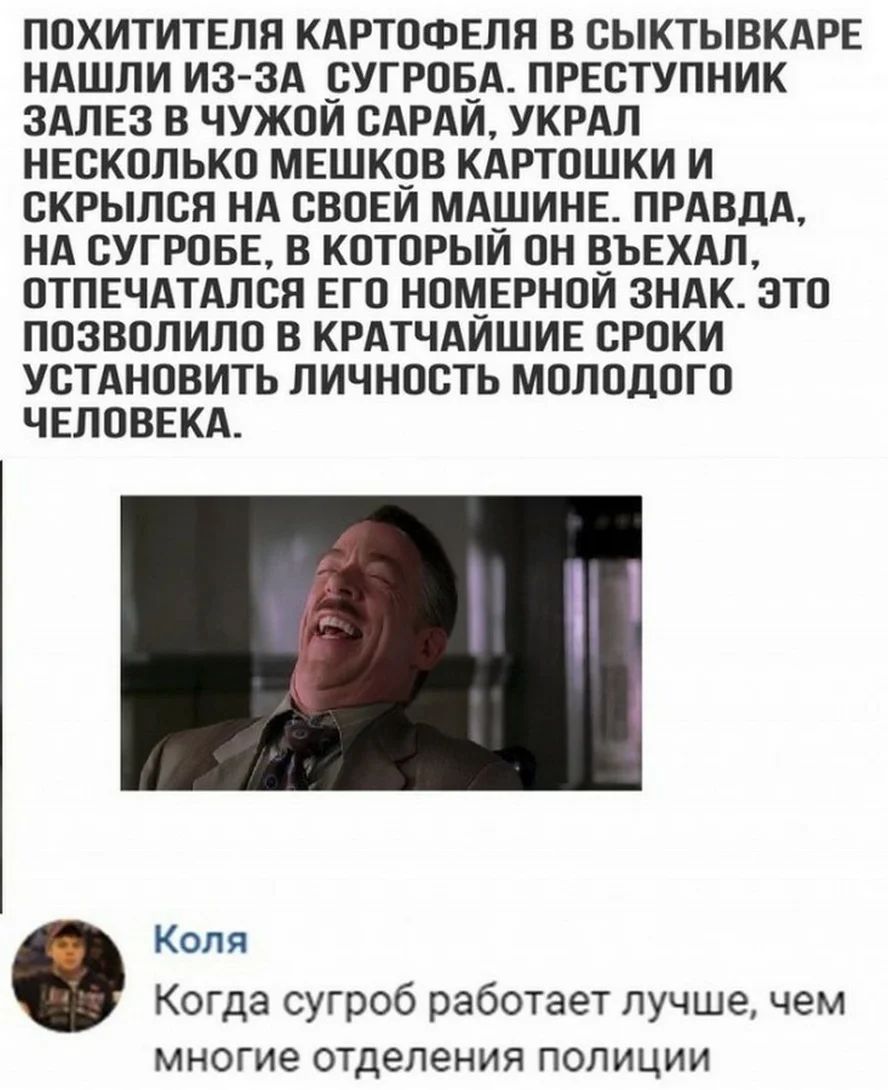 ПОХИТИТЕЛЯ КАРТОФЕЛЯ В СЫКТЫВКАРЕ НАШЛИ ИЗ ЗА СУГРОЕА ПРЕСТУПНИК ЗАЛЕЗ В ЧУЖОИ САРАИ УКРАЛ НЕСКОЛЬКО МЕШКОВ КАРТОШКИ И СКРЫЛСЯ НА СВОЕИ МАШИНЕ ПРАВДА НА СУГРОБЕ В КОТОРЫИ ОН В_ЪЕХАЛ ОТПЕЧАТАЛСЯ ЕГО НОМЕРНОИ ЗНАК ЭТО ПОЗВОЛИЛО В КРАТЧАИШИЕ СРОКИ УСТАНОВИТЬ ЛИЧНОСТЬ МОЛОДОГО ЧЕЛОВЕКА 1 Коля Когда сугроб работает лучше чем МНОГИЭ отделения ПОЛИЦИИ