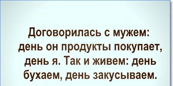 договорилась с мужем день он продукты покупает день я Так и живем день бухаем день закусываем