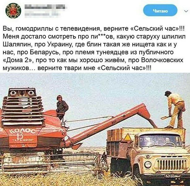 Вы гомодриплы с телевидения верните Сельский час Меня достало смотреть про пиов какую старуху шпипип Шаляпин про Украину где блин такая же нищета как и у нас про Беларусь про племя тунеядцев из публичного Дома 2 про то как мы хорошо живём про Вопочковских мужиков верните твари мне Сельский час
