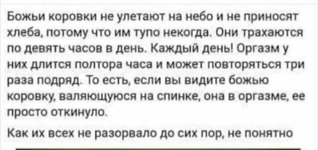 Божьи коровки не улетают на небо и не приносят хлеба потому что им тупо некогда Оми трахаются по девять часов в день Каждьм день Оргазм у них длится полтора часа и может повторяться три раза подряд То есть если вы видите божью коровку валяющуюся на спинке она в оргазме ее просто откииупо как И всех НЕ РВЗОРВВЛО ЛО СИХ ПОР не ПОМИТНО