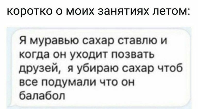 КОРОТКО О МОИХ ЗЭНЯТИЯХ ЛЭТОМЗ Я муравью сахар ставлю и когда он уходит позвать друзей я убираю сахар чтоб все подумали что он балабол