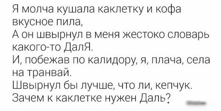 Я молча кушала каклетку и кофе вкусное пила А он швырнул в меня жестоко словарь какого то ДалЯ И побежав по калидору я плача села на транвай Швырнул бы лучше что ли кепчук Зачем к каклетке нужен Даль