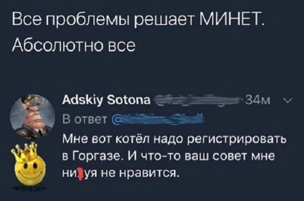 Все проблемы решает МИНЕТ Абсолютно все Аёзшу Зоіопа _ к __ 34м 4 В ответ _ __ _ Мне вот котёл надо регистрировать в Горгазе И что то ваш совет мне ниуя не нравится