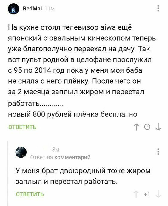 пеаМаі На кухне стоял телевизор аіша ещё японский с овальным кинескопом теперь уже благополучно переехал на дачу Так вот пульт родной в целофане прослужил с 95 по 2014 год пока у меня моя баба не сняла с него плёнку После чего он за 2 месяца заплыл жиром и перестал работать новый 800 рублей плёнка бесплатно отвгтить Т 1 У меня брат двоюродный тоже жиром заплып и перестал работать оммон ОТВЕТИТЬ і