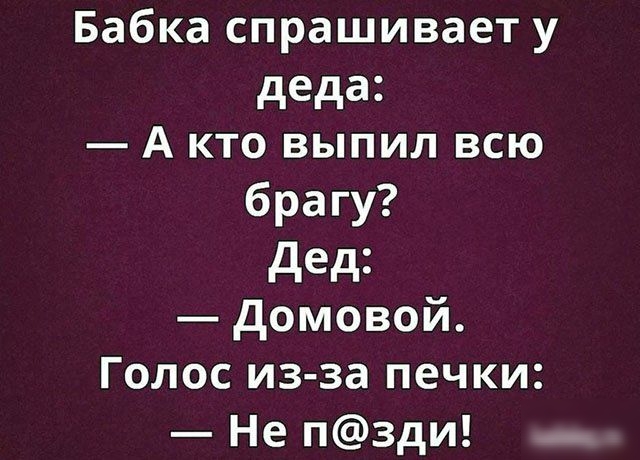 Бабка спрашивает у деда А кто выпил всю брагу дед домовой Голос из за печки Не пзди