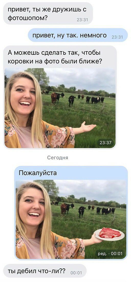 привет ты же дружишь фотошопом 2331 привет НУ так немного 2331 А можешь сделать так чтобы коровки на фото были ближе Сегодня Пожалуйста ред 0001 ты дебил чтоли