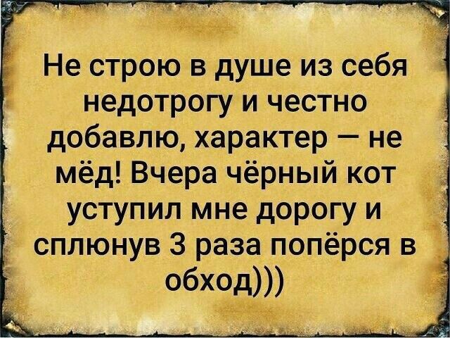 _ Не строю в душе из себя недотрогу и честно добавлю характер не мёд Вчера чёрный кот уступил мне дорогу и сплюнув 3 раза попёрся в обхот