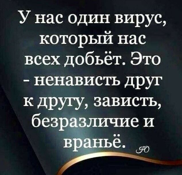 У нас один вирус которьпи1 нас всех добьёт Это ненависть друг к другу зависть безрдашчие и