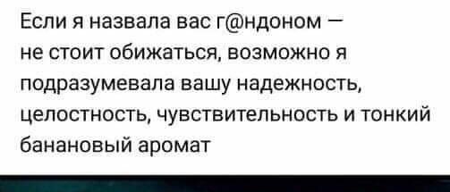 Если я назвала вас гндоном не стоит обижаться возможно я подразумевала вашу надежность целостность чувствительность и тонкий банановый аромат
