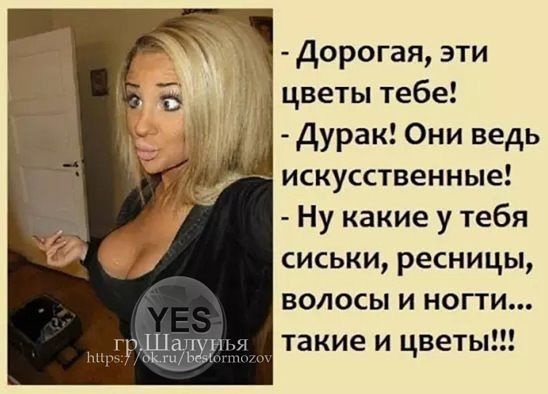 Дорогая эти цветы тебе дурак Они ведь искусственные Ну какие у тебя сиськи ресницы волосы и ногти такие и цветы