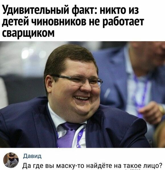 Удивительный факт никто из детеи чиновников не работает сварщиком Да где вы маску то найдёте на такое лицо