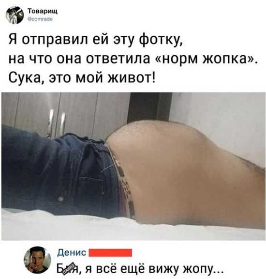 Тон рии Я отправил ей эту фотку на что она ответила норм жопка Сука это мой живот денис т я всё ещё вижу жопу