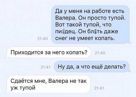 Да у меня на работе есть Валера Он просто тупой Вот такой тупой что пиидец Он бпдть даже снег не умеет копать Приходится за него копать Ну да а что ещё делать Сдаётся мне Валера не так уж тупой