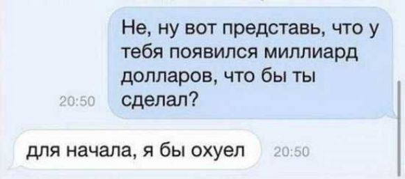 Не ну вот представь что у тебя появился миллиард долларов что бы ты сделал для начала я бы охуел к