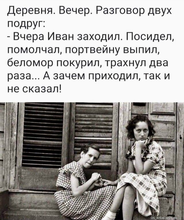 Деревня Вечер Разговор двух подруг Вчера Иван заходил Посидел помолчал портвейну выпил беломор покурил трахнул два раза А зачем приходил так и не сказал