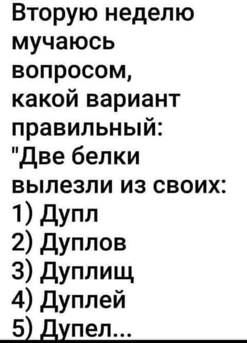 Вторую неделю мучаюсь вопросом какой вариант правильный Две белки вылезли из своих 1 дупл 2 Дуплов 3 дуплищ 4 Дуплей 5 пел