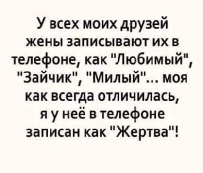 У всех моих друзей жены записывают их в телефоне как Любимый Зайчик Милый моя как всегда отличилась я у неё в телефоне записан как Жертва