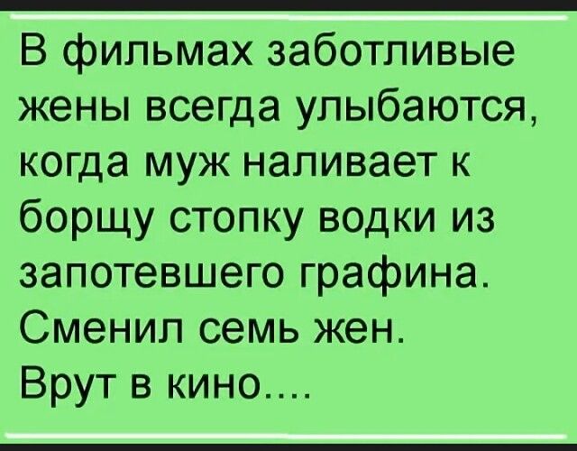 В фильмах заботливые жены всегда улыбаются когда муж наливает к борщу стопку водки из запотевшего графина Сменил семь жен Врут в кино