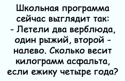 Школьная программа сейчас выглядит так Летели два верблюда один рыжий второй налево Сколько весит килограмм асфальта если ежику четыре года