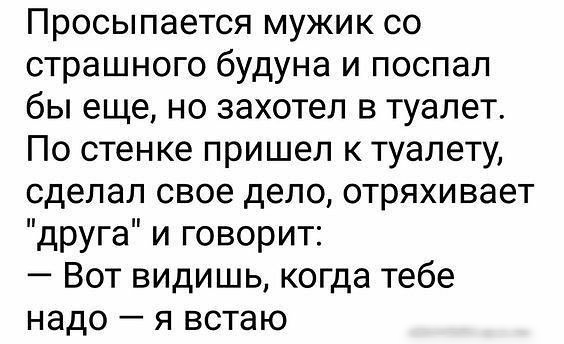Просыпается мужик со страшного будуна и поспал бы еще но захотел в туалет По стенке пришел к туалету сделал свое дело стряхивает друга и говорит Вот видишь когда тебе надо я встаю