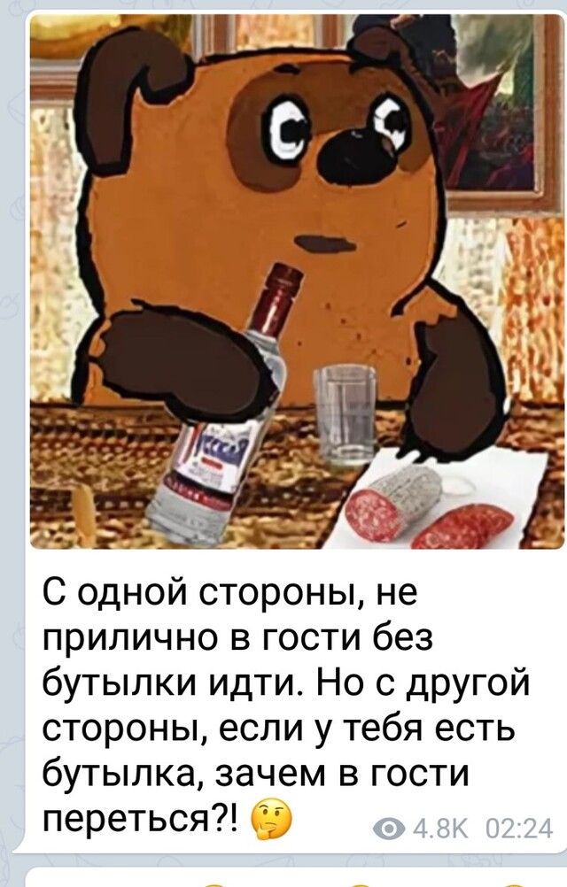 міні С одной стороны не прилично в гости без бутылки идти Но с другой стороны если у тебя есть бутылка зачем в гости переться