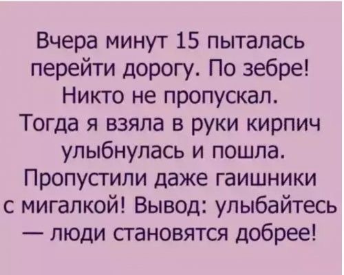 Вчера минут 15 пыталась перейти дорогу По зебре Никто не пропускал Тогда я взяла в руки кирпич улыбнулась и пошла Пропустили даже гаишники с мигалкой Вывод улыбайтесь люди становятся добрее