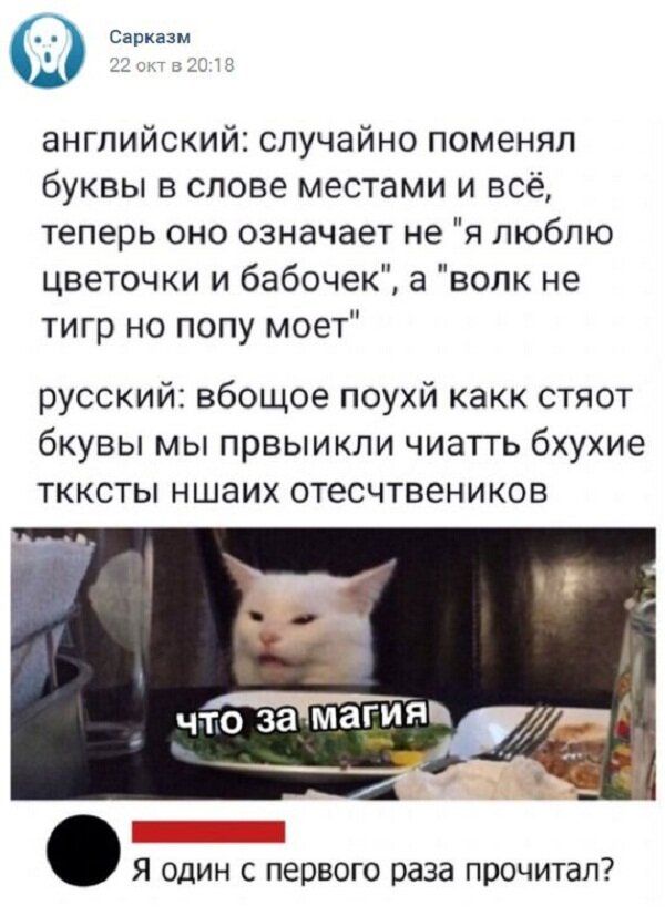 од английский случайно поменял буквы в слове местами и всё теперь оно означает не я люблю цветочки и бабочек а волк не тигр но попу моет русский вбощое поухй какк стяот бкувы мы првыикли чиатть бхухие ткксты ншаих отесчтвеников Я один с первого раза прочитал