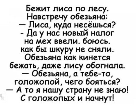 Бежит лиса по лесу Навстречу обезьяна Лиса куда несёшься Да у нас новый налог на мех ввели боюсь как бы шкуру не сняли Обезьяна как кинется бежать даже лису обогнала Обезьяна а тебето голожопой чего бояться А то я нашу страну не ЗНаю С голожопых и начнут