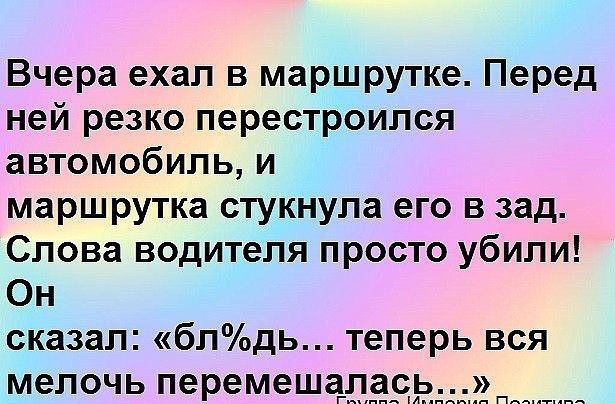 Вчера ехал в маршрутке Перед ней резко перестроился автомобиль и маршрутка стукнула его в зад Слова водителя просто убили Он сказал блдь теперь вся мелочь перемешалас г м