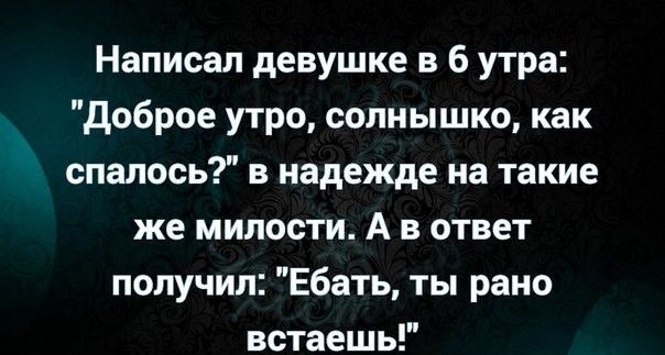 Написал девушке в 6 утра доброе утро солнышко как спалось в надежде на такие же милости А в ответ получил Ебать ты рано встаешь