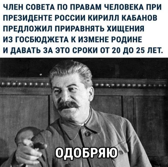 ЧЛЕН СОВЕТА ПО ПРАВАМ ЧЕЛОВЕКА ПРИ ПРЕЗИДЕНТЕ РОССИИ КИРИЛЛ КАБАНОВ ПРЕДЛОЖИЛ ПРИРАВНЯТЬ ХИЩЕНИЯ ИЗ ГОСБЮДЖЕТА К ИЗМЕНЕ РОДИНЕ И дАВАТЬ ЗА ЭТО СРОКИ ОТ 20 дО 25 ЛЕТ
