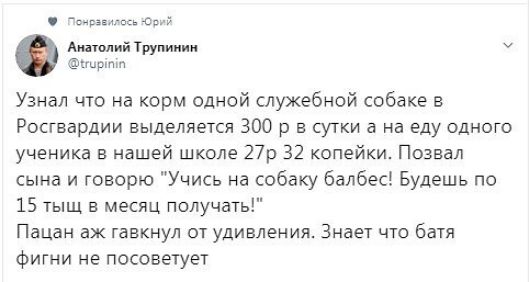м с Антоний Трупииии ч шркпт Узнал что на корм одной служебной собака в Росгвардии выделяется 300 р в сутки а На еду одного ученика в нашей школе Пр 32 копейки Позвал сына и говорю Учись на собаку балбес Будешь по 15 тыщ в месяц получать Пацан аж гавкнул от удивления Знает что батя Фигни не посоветует